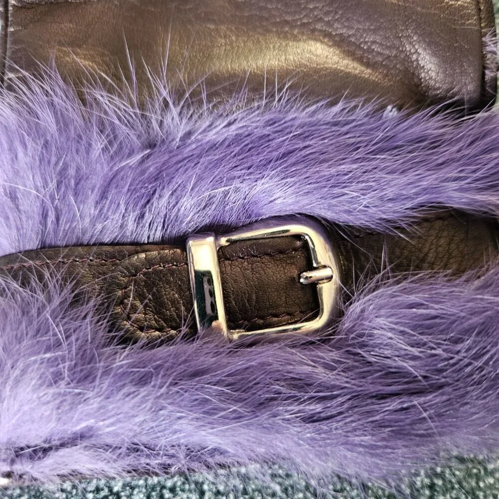 Cashmere by Bloomingdale's Purple Leather Gloves w/fur trim - Picture 4 of 9
